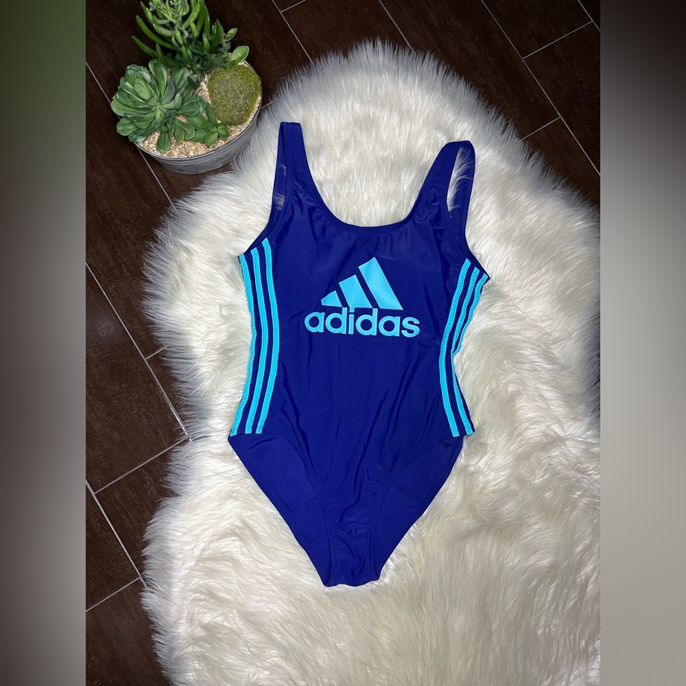 Adidas Royal blue and turquoise logo one pc low back Swimsuit sz small - Picture 2 of 10